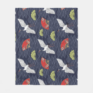 Japanese Cranes and Fans: Vintage Pattern Fleece Blanket