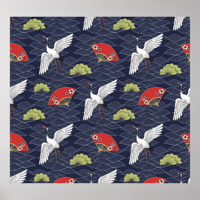 Japanese Cranes and Fans: Vintage Pattern Poster (Front)