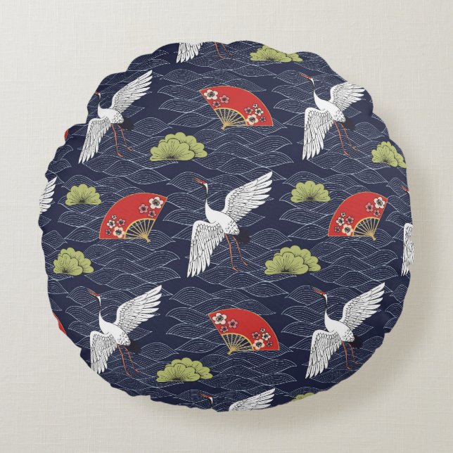 Japanese Cranes and Fans: Vintage Pattern Round Cushion (Front)