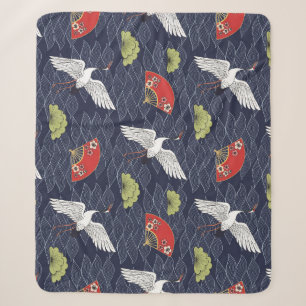 Japanese Cranes and Fans: Vintage Pattern Sherpa Blanket