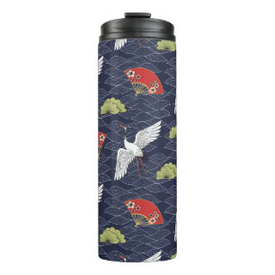 Japanese Cranes and Fans: Vintage Pattern Thermal Tumbler