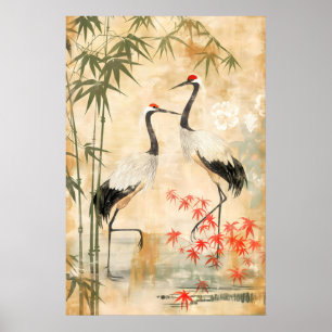 Japanese Cranes & Bamboo Art Print Textured