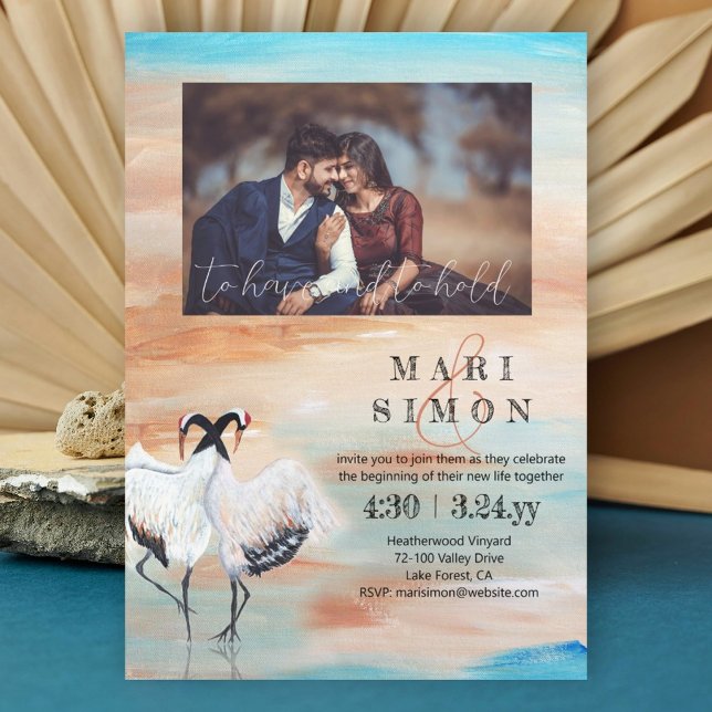 Japanese Cranes, Beige, Turquoise Wedding Invitation (beige terracotta rust turquoise Asian motif wedding japanese cranes invitation, romantic)