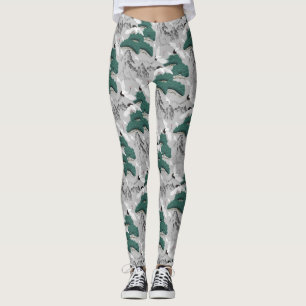 Japanese Cranes Birds Grey Green Artistic Pattern Leggings