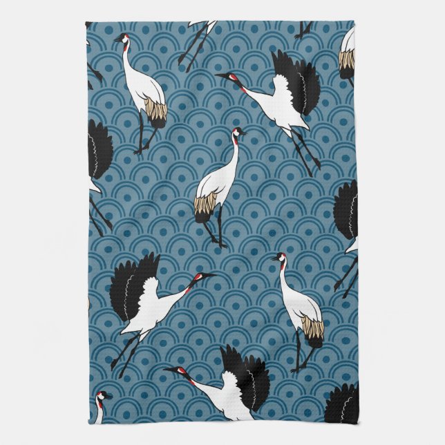 Japanese Cranes & Blue Tea Towel (Vertical)