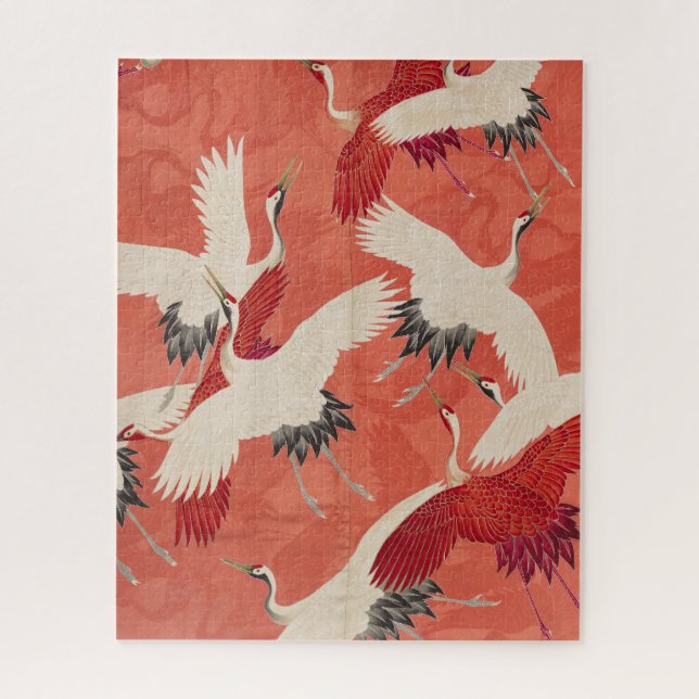Japanese Cranes Burnt Orange Kimono Fabric Art Jigsaw Puzzle (Vertical)
