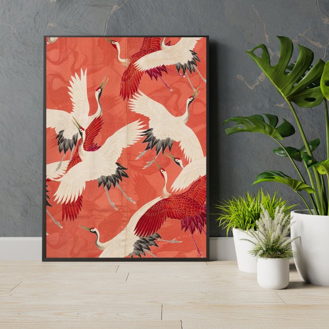 Japanese Cranes Burnt Orange Kimono Fabric Art Poster (Creator Uploaded)