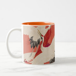 Japanese Cranes Burnt Orange Kimono Fabric Art Two-Tone Coffee Mug