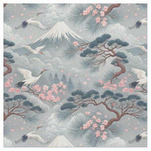 Japanese Cranes & Cherry Blossom Mt Fuji Pattern Fabric