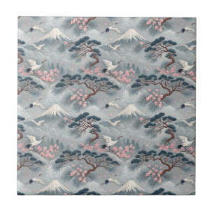 Japanese Cranes & Cherry Blossom Mt Fuji Pattern Tile
