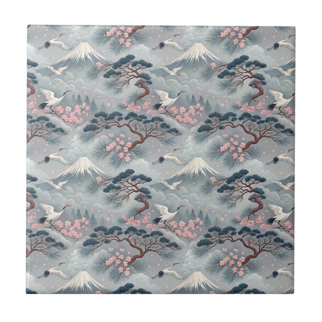 Japanese Cranes & Cherry Blossom Mt Fuji Pattern Tile (Front)