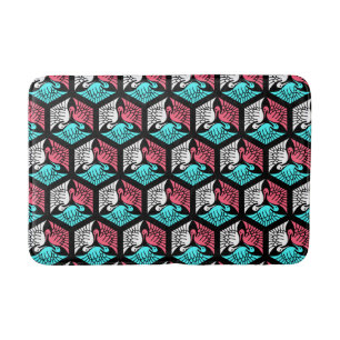 Japanese Cranes, Coral, Turquoise and Black Bath Mat