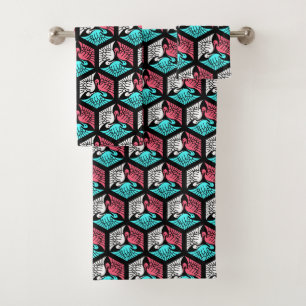Japanese Cranes, Coral, Turquoise and Black Bath Towel Set