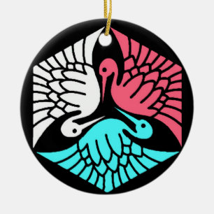 Japanese Cranes, Coral, Turquoise and Black Ceramic Tree Decoration