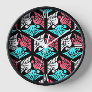 Japanese Cranes, Coral, Turquoise and Black Clock