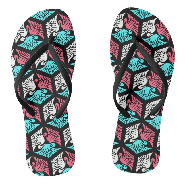 Japanese Cranes, Coral, Turquoise and Black Flip Flops (Footbed)