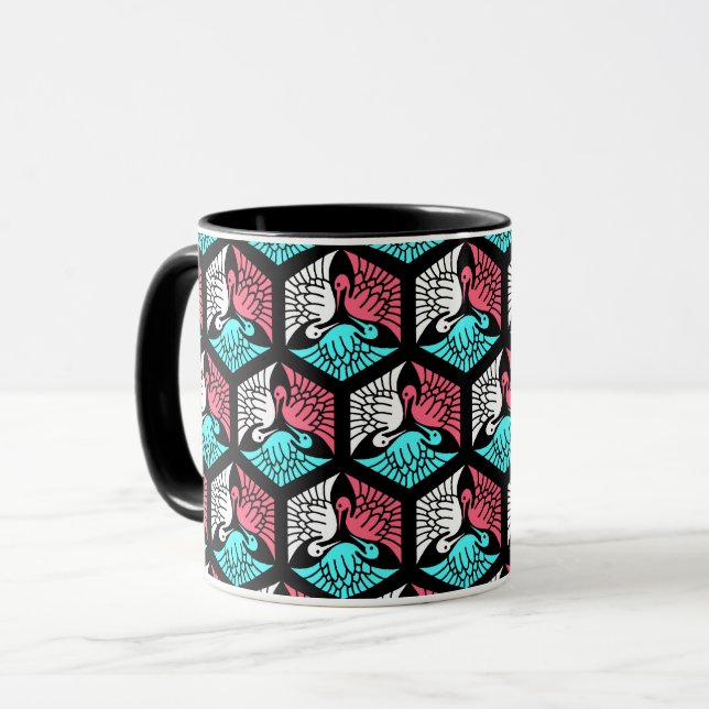 Japanese Cranes, Coral, Turquoise and Black Mug (Front Left)