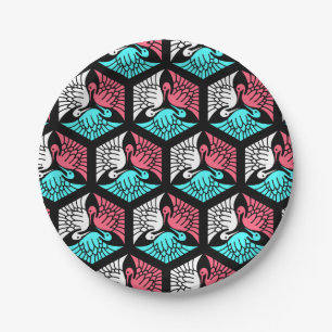 Japanese Cranes, Coral, Turquoise and Black Paper Plate