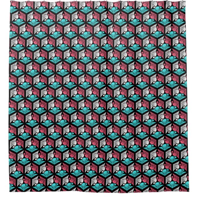 Japanese Cranes, Coral, Turquoise and Black Shower Curtain (Front)