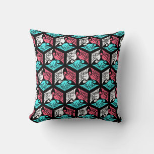 Japanese Cranes, Coral, Turquoise and Black Throw  Cushion