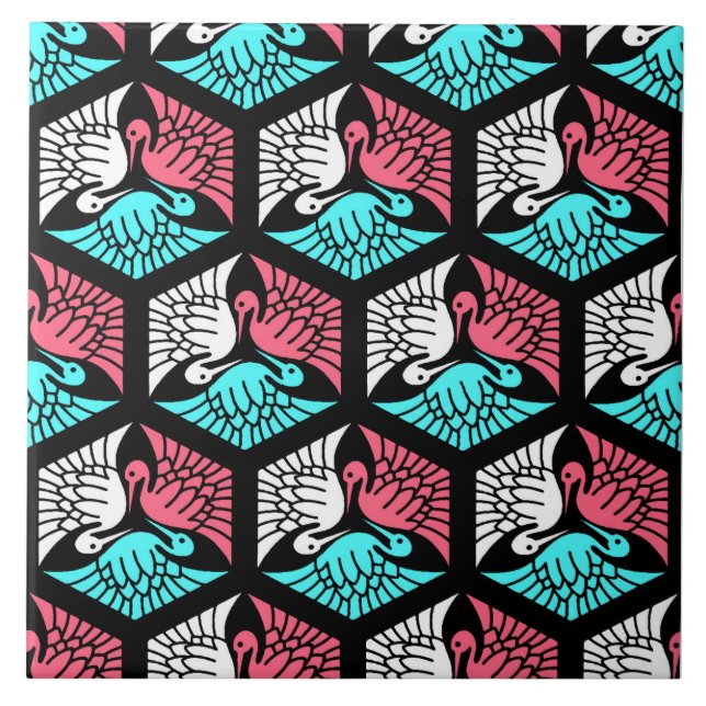 Japanese Cranes, Coral, Turquoise and Black Tile (Front)