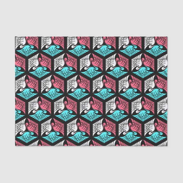 Japanese Cranes, Coral, Turquoise and Black Tissue Paper (Front)