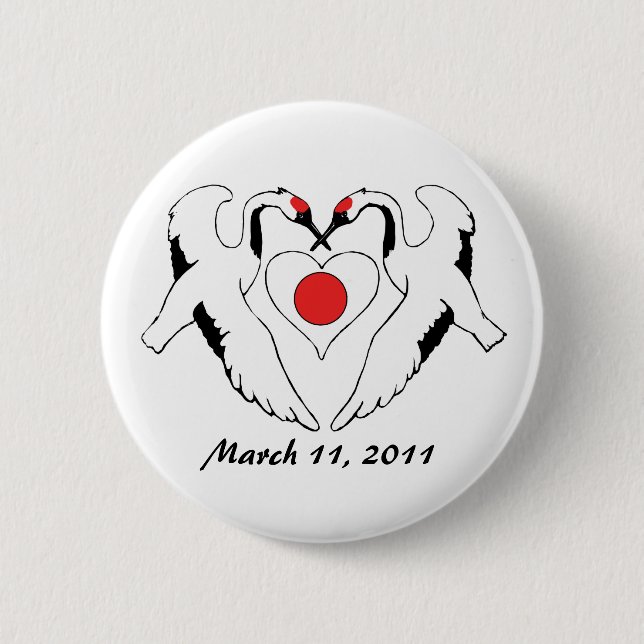 Japanese Cranes & Heart Flag Earthquake Relief 6 Cm Round Badge (Front)