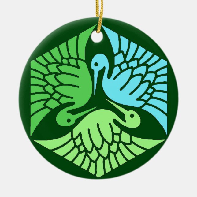 Japanese Cranes, Jade Green and Light Blue  Ceramic Tree Decoration (Front)