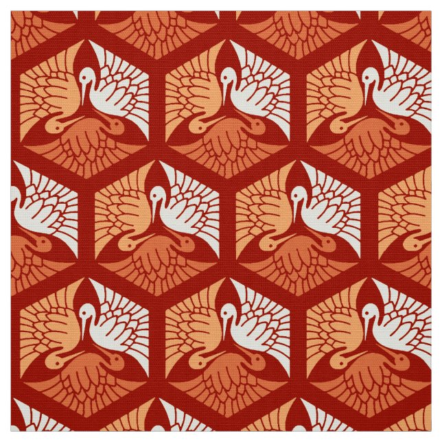 Japanese Cranes, Mandarin and Light Orange Fabric (Swatch)