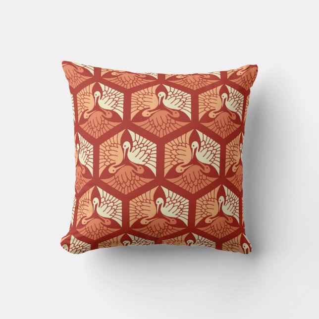 Japanese Cranes, Mandarin and Light Orange Outdoor Cushion (Front)