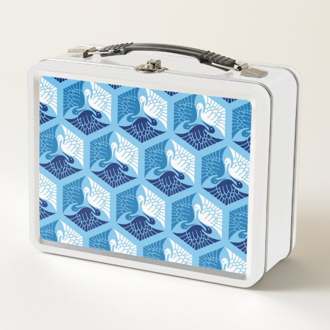 Japanese Cranes, Navy, White, and Light Blue Metal Lunch Box (Front)