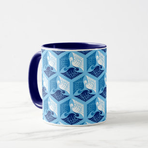 Japanese Cranes, Navy, White, and Light Blue Mug
