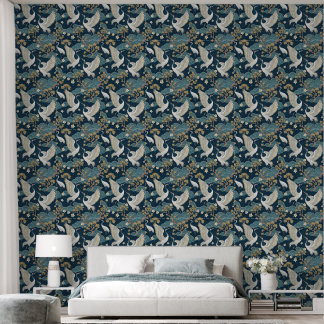 Japanese Cranes on Navy Blue Wallpaper