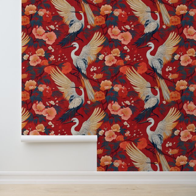 Japanese cranes on red wallpaper (Application)
