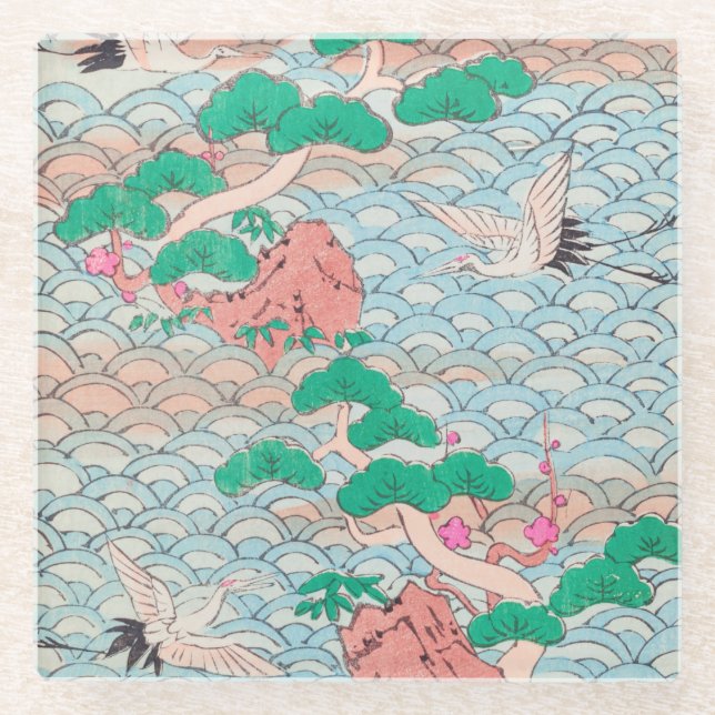 Japanese Cranes on Waves Vintage Pattern Glass Coaster (Front)
