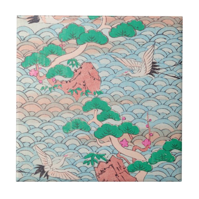 Japanese Cranes on Waves Vintage Pattern Tile (Front)