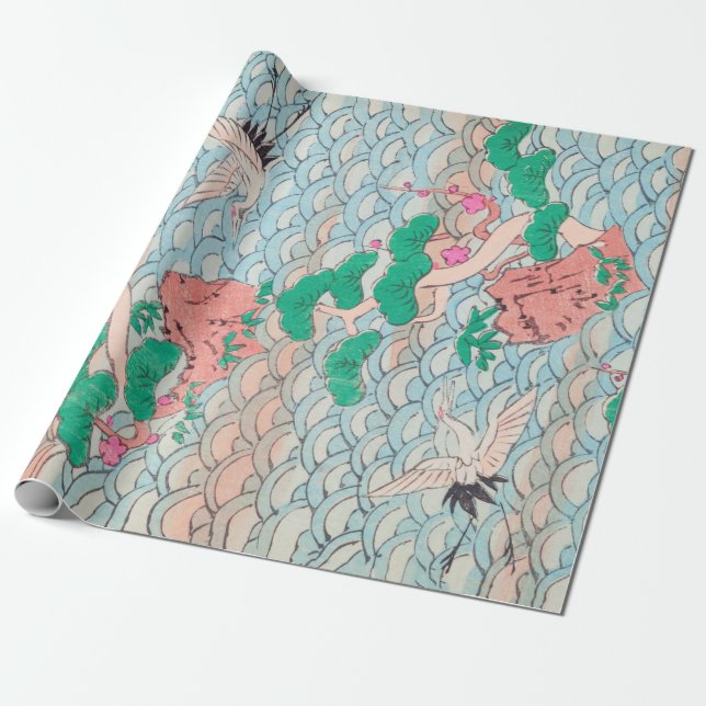 Japanese Cranes on Waves Vintage Pattern Wrapping Paper (Unrolled)