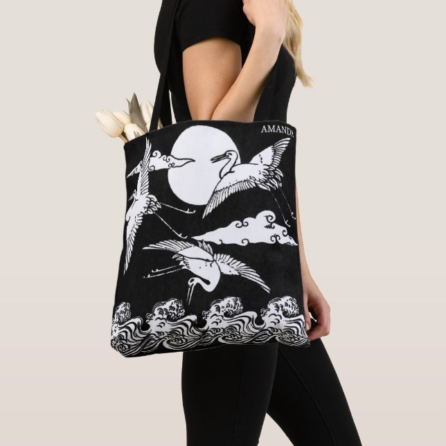 Japanese Cranes Over Waves – Personalized Tote Bag (Close Up)