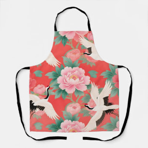Japanese Cranes Peonies Red Chinoiserie Elegance Apron