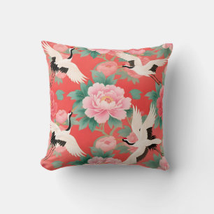 Japanese Cranes Peonies Red Chinoiserie Elegance Cushion