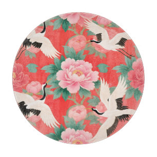 Japanese Cranes Peonies Red Chinoiserie Elegance Cutting Board