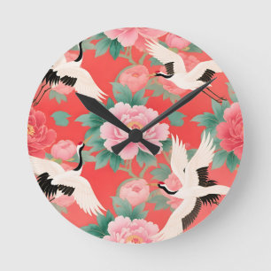 Japanese Cranes Peonies Red Chinoiserie Elegance Round Clock