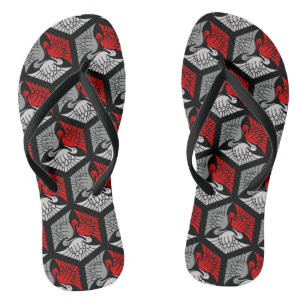 Japanese Cranes, Red, Grey / Grey and Black Flip Flops