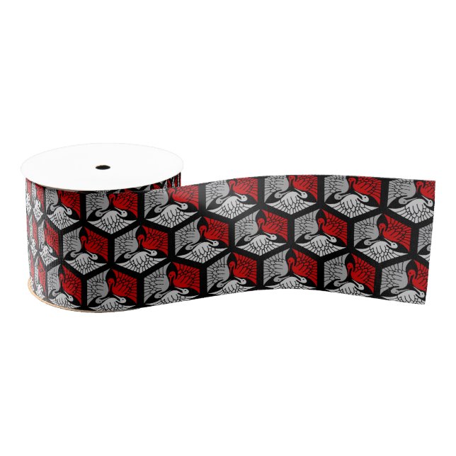 Japanese Cranes, Red, Grey / Grey and Black  Grosgrain Ribbon (Spool)