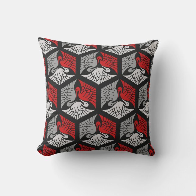 Japanese Cranes, Red, Grey / Grey and Black Outdoor Cushion (Front)