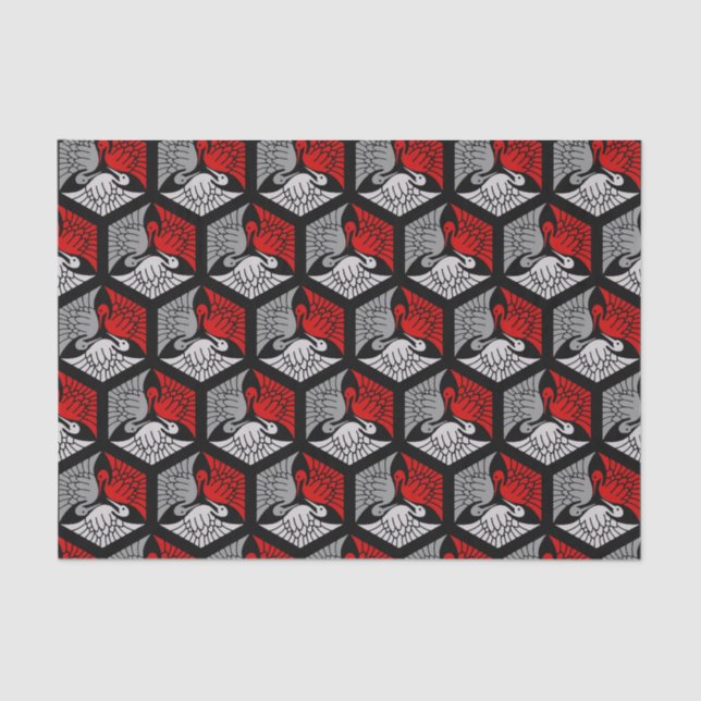 Japanese Cranes, Red, Grey / Grey and Black Tissue Paper (Front)