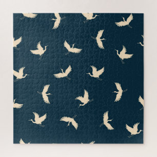 Japanese Cranes Silhouette Vintage Pattern Jigsaw Puzzle