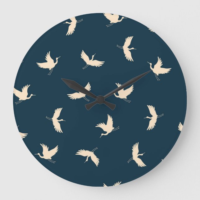 Japanese Cranes Silhouette Vintage Pattern Large Clock (Front)