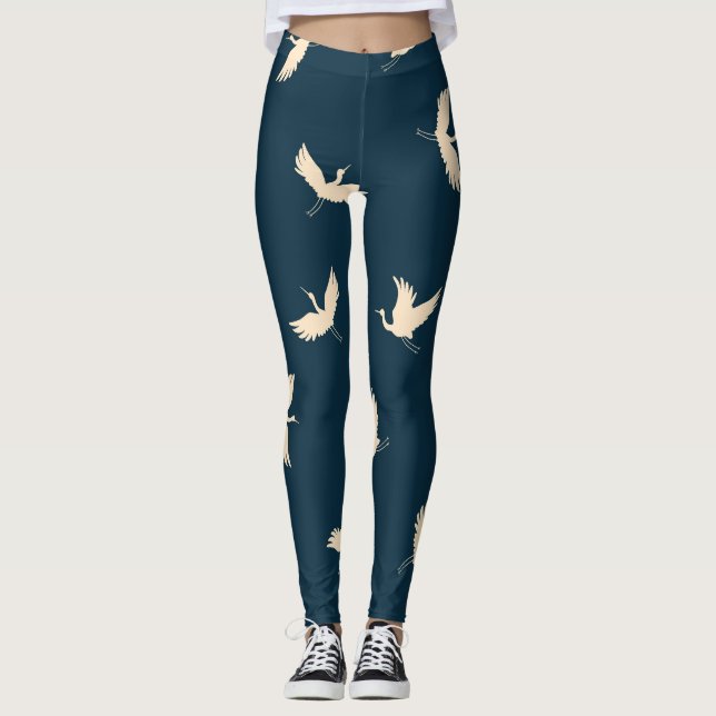 Japanese Cranes Silhouette Vintage Pattern Leggings (Front)