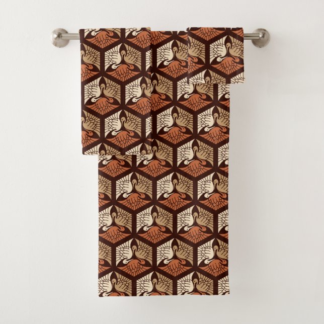 Japanese Cranes, Tan, Rust & Chocolate Brown  Bath Towel Set (Insitu)